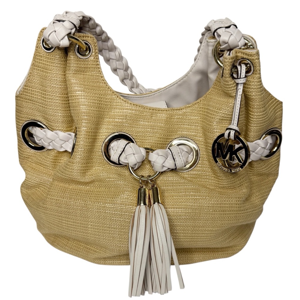 MICHAEL KORS Carlton Straw Braided Leather Hobo Gold Tassel‎ Bag Large